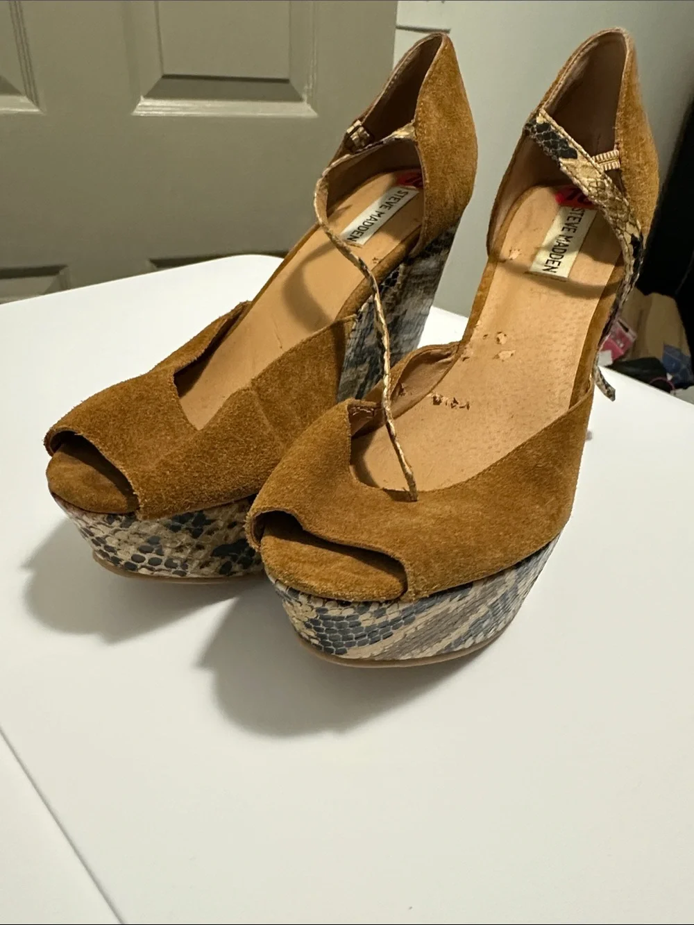 Steve Madden Tan Suede Wedges with Snake-Print Platform